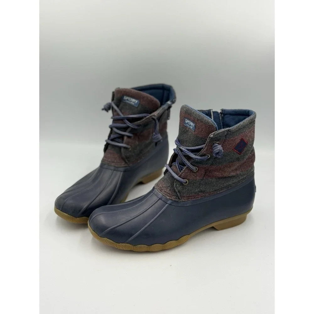 Sperry Saltwater Duck Boots Girls Size 6M Navy Blue Maroon Striped Wool Upper